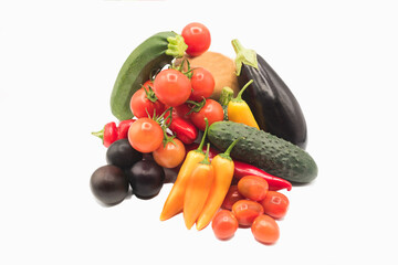 Fresh vegetables and fruits on a white background. Free copy space
