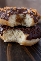 Homemade chocolate donut close up. Donut. 