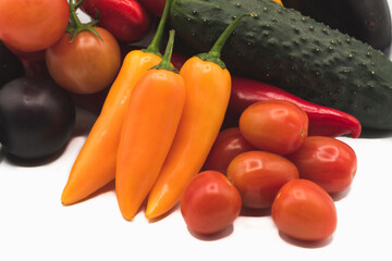 close-up of fresh organic peppers and tomatos