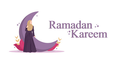 Ramadan Kareem 2021. Islamic Ramadan Kareem card design background with crescent moon and islamic girl. Vector illustration.