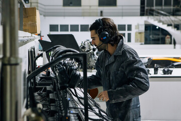 Side view of experienced male mechanic in workwear and headset checking equipment while working in modern professional repair service center