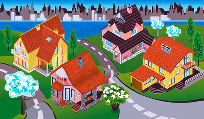 Riverside country houses surrounded by trees and hillside roads, a natural landscape overlooking the metropolis on the far side of the river.Isometric buildings of various types and detailed.