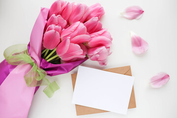 postcard mockup. spring flowers. tulip bouquet and space for text