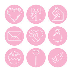 Valentine day icon set. Simple white linear icons isolated on pink background. Perfect date elements. Lovely highlights cover pics. Vector eps 10 illustration. Stationary, print, sticker, web design.