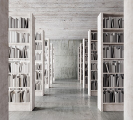 Interior design of library with white shelving full of books 3D Rendering, 3D Illustration
