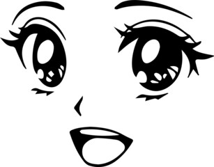 happy anime face manga style, big black eyes, little nose, mouth and hearts, hand drawn vector illustration
