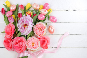 Happy Easter concept, spring card, composition with flowers and eggs on a gentle background....