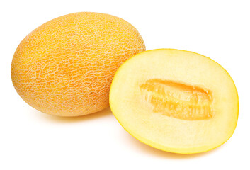 Melon whole and half isolated on a white background. Top view, flat lay