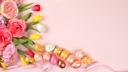 Happy Easter concept, spring card, composition with flowers and eggs on a gentle background. Festive minimal concept, place for text, banner for screen, selective focus