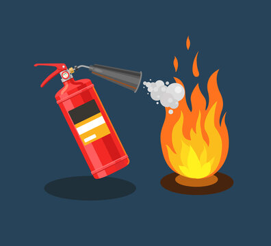The fire extinguisher extinguishes fire with foam. Fire extinguishing. Flat vector illustration
