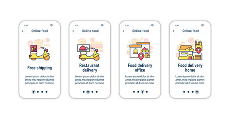 Online food onboarding mobile app screens. Consists of food restaurant delivery office, home, free shipping steps menu. Set of UI, UX, web template with RGB color linear icons