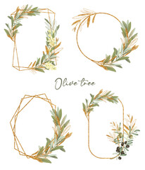 Collection of geometric gold frames with green and golden olive tree branches, hand drawn isolated illustrations on white background