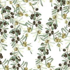 Seamless pattern of olive tree branches with green and black ripe olives, hand drawn illustration on white background