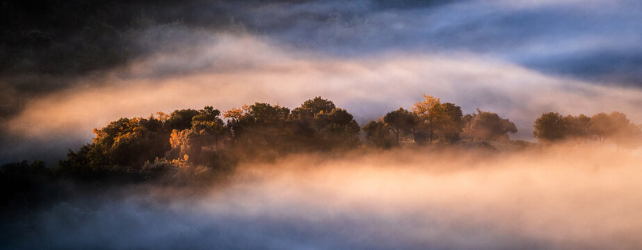 Spectacular landscape of fluffy clouds floating over mountains covered with lush trees in sunny morning