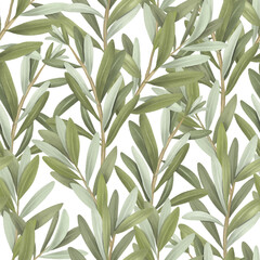 Seamless pattern of green olive tree branches, hand drawn illustration on white background