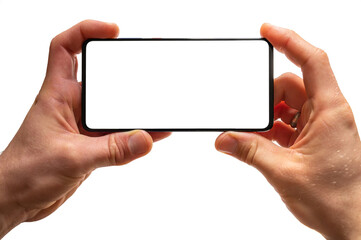 Smartphone mit leerem Display in den Händen eines Mannes als Vorlage für individuelle Anpassungen