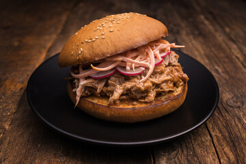 Closeup of yummy hamburger with juicy pulled pork and vegetables in toasted bun