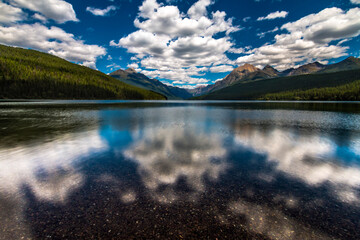 Could reflections on the serene summer lake photo of Bowman Lake in Glacier National Park in...