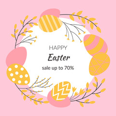 Easter big hunt or sale banner background template with colorful eggs, flowers. Design for holiday flyer, poster, greeting card, party invitation. Vector illustration.