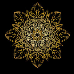 Gold mandala, isolated on black background. Vintage decorative element. Ethnic round ornament. Vector illustration.