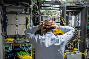 Back view of unrecognizable male technician grabbing head while having problem in data center with server racks