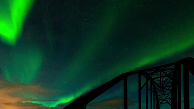 Green Northern Lights over a Bridge structure in south Iceland - time lapse video