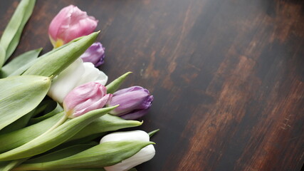 Tulipany kolorowe leżące na blacie drewnianym brązowym ciemnym