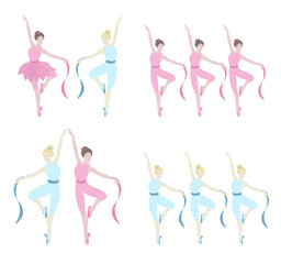 Vector illustration of dancing ballerinas.Prima in tutu skirt, classical ballet costumes and pointe shoes.Graceful pretty young girl.Cute cartoon style vector isolated, white background.Various poses
