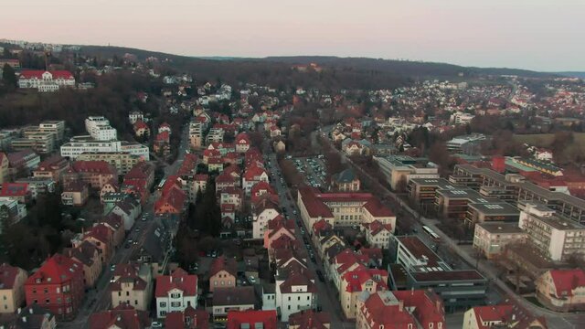 Aerial drone shot above the Wilhelmstra&szlig;e in T&uuml;bingen, Germany