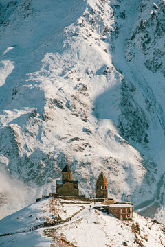 Gergeti Trinity Church in Winter with Mount Shani as Background, Kazbegi  (Stepantsminda), Georgia