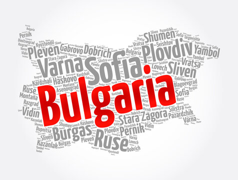 List of cities and towns in Bulgaria, map word cloud collage, business and travel concept background