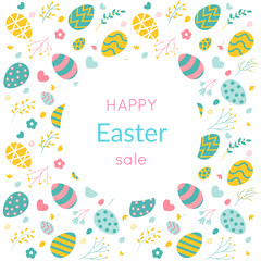 Happy Easter sale banner with beautiful flowers, leaves, twigs and and eggs. Vector illustration. Spring minimalistic background.