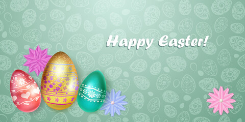 Fototapeta na wymiar Illustration with several realistic Easter eggs in various colors with holiday symbols, glares and shadows on colorful background