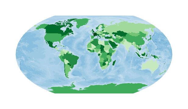 World Map. Wagner VI projection. World in green colors with blue ocean. Vector illustration.