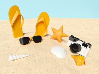 3d beach elements on sand. Summer holidays