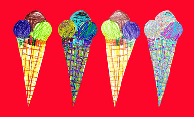 Holiday seamless pattern with Ice cream hand-drawn by pastel, pencil in kids style. Cartoon naive drawing in cute baby style on red. For greeting card, holiday, baby textile, package, wrapping paper.