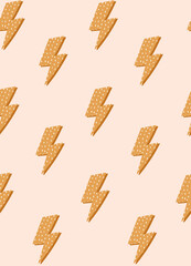 Cute Flash, Lightning Bolt Seamless Pattern on Peach Background. Hand Drawn Vector Illustration for Textile, Fabric Prints, Wrapping Paper.