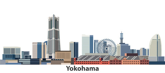 Yokohama city skyline vector illustration - obrazy, fototapety, plakaty