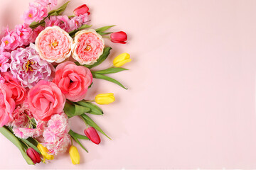 Spring or summer flower composition, still life, banner, minimal holiday concept. Greeting card for mother's day, women's day, valentine's day, happy birthday, wedding, selective focus,