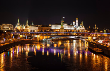 Panorama of Moscow at night with a view of the Kremlin and the Big Stone bridge. Russia