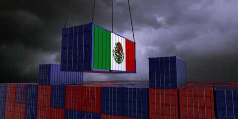 A freight container with the mexican flag hangs in front of many blue and red stacked freight containers - concept trade - import and export - 3d illustration