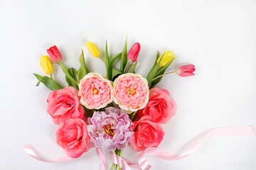 Spring or summer flower composition, still life, banner, minimal holiday concept. Greeting card for mother's day, women's day, valentine's day, happy birthday, wedding, selective focus,