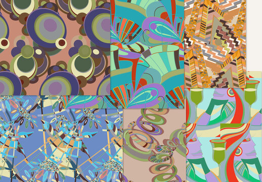 Set of Abstract Seamless Patterns with Cubism Art Elements and Graffiti Wall Style
