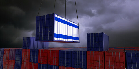 A freight container with the isralic flag hangs in front of many blue and red stacked freight containers - concept trade - import and export - 3d illustration
