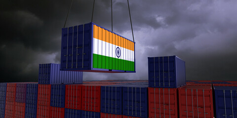 A freight container with the indian flag hangs in front of many blue and red stacked freight containers - concept trade - import and export - 3d illustration
