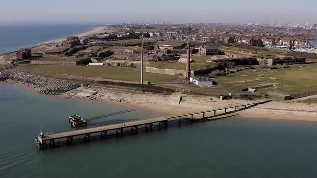 Approaching Fort Cumberland in Southsea the pentagonal artillery fortification erected to guard the entrance to Langstone Harbour and protect the Royal Navy Dockyards in Portsmouth, Aerial.