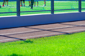public stadium for sports - team of soccer players on a football field, running track closeup and green grass