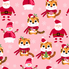 Seamless pattern with snowman, Santa Claus, tiger, gift box, Christmas tree. 2022 seamless holiday background. New year design. 2022 year of the tiger. Seamless pattern with Christmas symbols