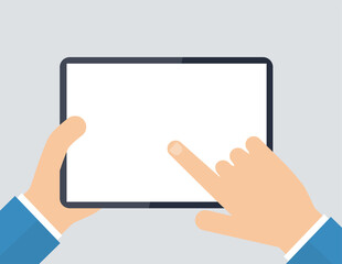 Hand holding tablet flat vector illustration with empty toch screen template