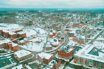 Aerial Drone Photography Of Downtown Dover, NH (New Hampshire) Skyline During The Winter Snow Season